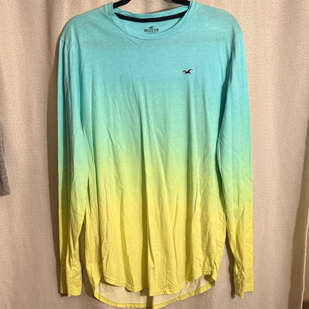 Hollister Men's Teal And Yellow Ombre Long Sleeve Shirt